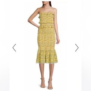 ANTONIO MELANI Yellow Floral Ruffle-Trim Midi Dress